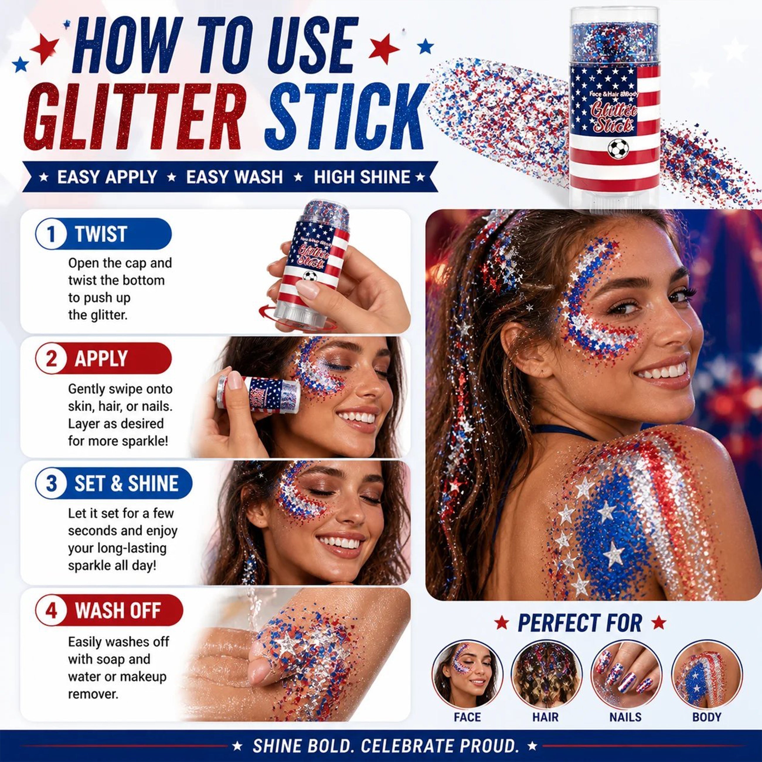 4th of July Glitter Stick✨🔔Red, White & Blue Body & Hair Sparkle