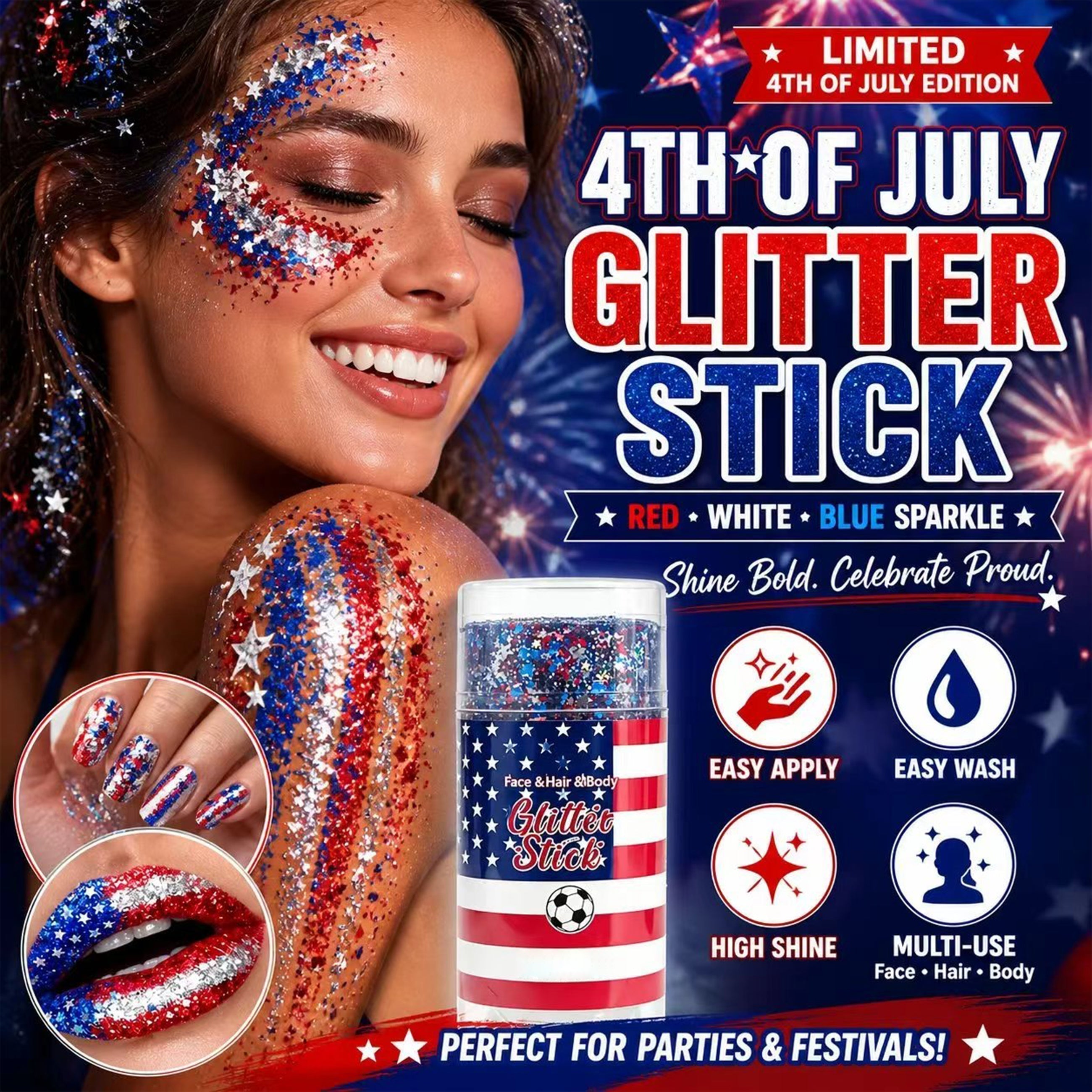 4th of July Glitter Stick✨🔔Red, White & Blue Body & Hair Sparkle