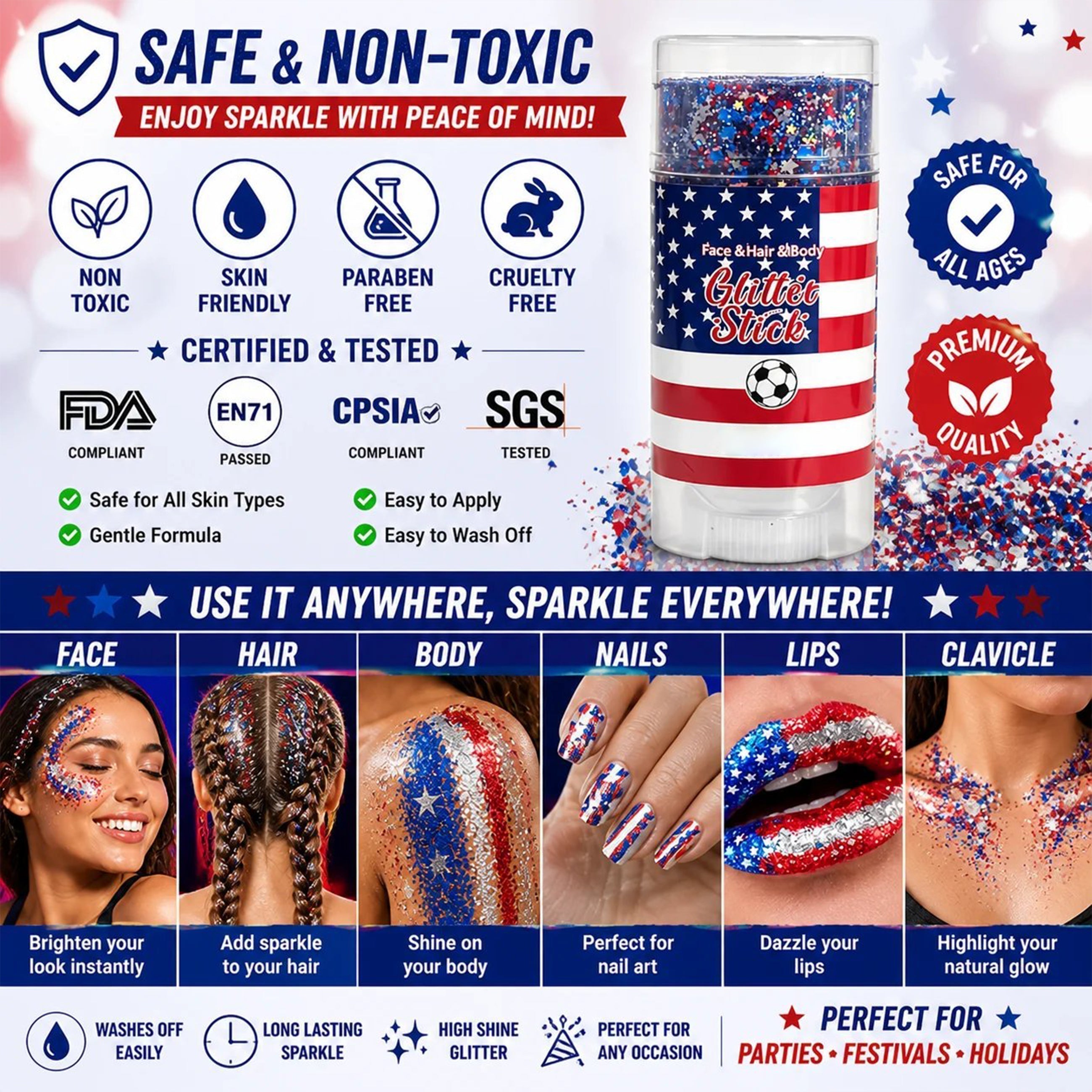 4th of July Glitter Stick✨🔔Red, White & Blue Body & Hair Sparkle